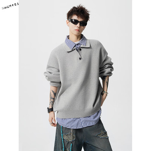 Yuexiang Benming New Year's Holiday Two-Piece Lapel Sweater Men's Winter American Trendy Brand Henley Collar Red Pullover Sweater Top Gray M