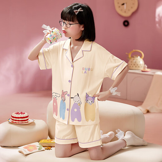 曼妮朵女童睡衣夏季纯棉小女孩新款儿童家居服宝宝开衫短袖短裤套装薄款 B4877绿【双短】 140cm 16码建议135-145cm