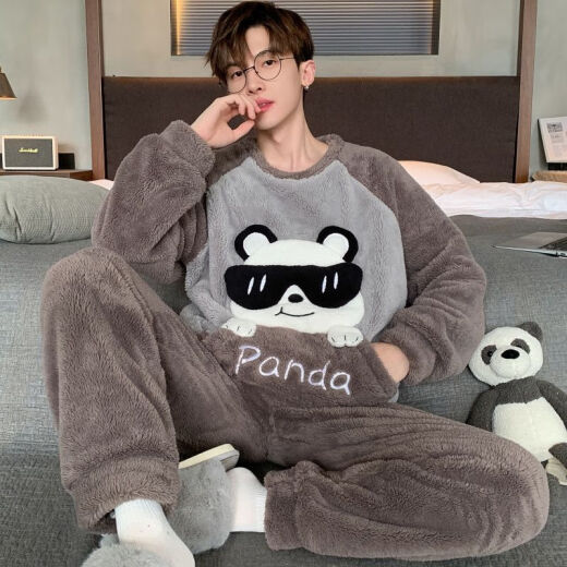 Simple direction men's pajamas autumn and winter coral velvet thickened flannel youth cartoon large-size winter home clothing set 3897 bear thin style 10XL small size m150cm/90Jin[Jin equals 0.5 kg]