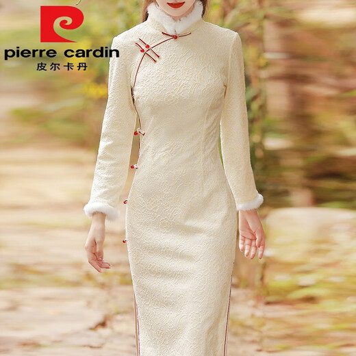 皮尔卡丹（pierre cardin）旗袍女2025秋冬新款年年轻款长袖高端气质改良连衣裙蕾丝加绒冬款 酒红针织1098 L