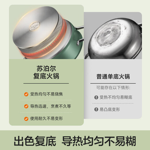 SUPOR hot pot 304 stainless steel double bottom thickened soup pot household hot pot multi-purpose easy-to-clean gas open flame induction cooker universal stainless steel double bottom (pine green) 28cm
