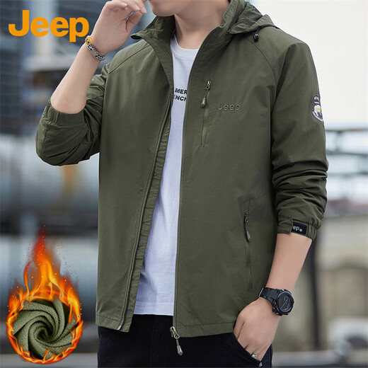Jeep (JEEP) jacket men's autumn and winter loose hooded jacket men's trendy casual clothes men's military green plus velvet XL