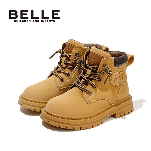 Belle children's shoes, winter warm children's boots, boys' Martin boots, girls' velvet short boots, leather boots, camel color size 34