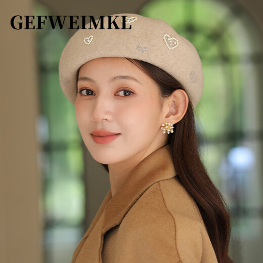 GEFWEIMKL Merino wool beret women's autumn and winter fashion versatile painter's hat women's face-showing small woolen octagonal hat camel M (56-58cm)