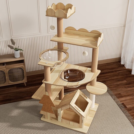 Tangmijiji luxury upgraded cat climbing frame, cat nest, cat tree, play and sleep all-in-one cat frame, cat scratching post, household space capsule that does not occupy an area, 147cm double cabin wooden house model with built-in cat scratching board