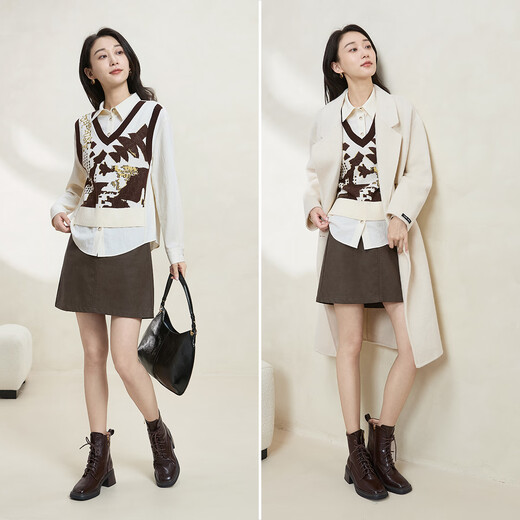 XIRAN 2025 Winter neue Mode modisches vielseitiges lässiges Design Nähte gefälschtes zweiteiliges Langarmshirt für Damen Creme Aprikose XL