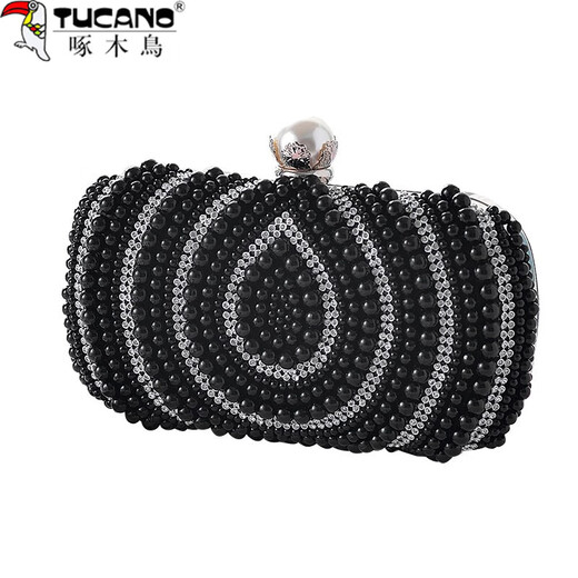 Woodpecker (TUCANO) light luxury new retro pearl bag for women cheongsam handbag Chinese style beaded rhinestone dinner bag handheld evening gift double-sided beads soft bags beads beads beige with iron chain