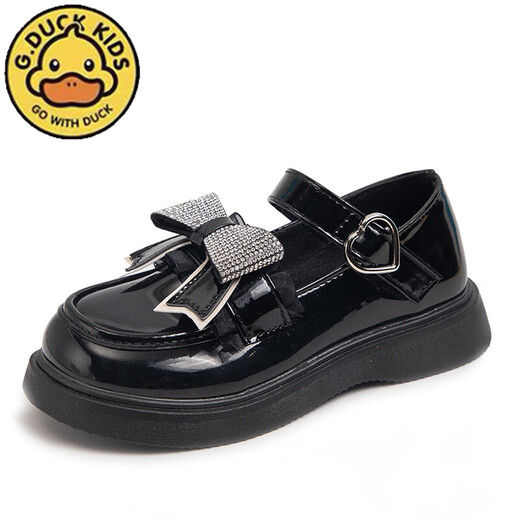 G.duck Little Yellow Duck Girls' Small Leather Shoes Spring and Autumn Fashion Bow Black Little Girls Black British Style Performance Shoes Casual HDL-Black 820 (Leather) Size 37 Inner Length 23.5cm