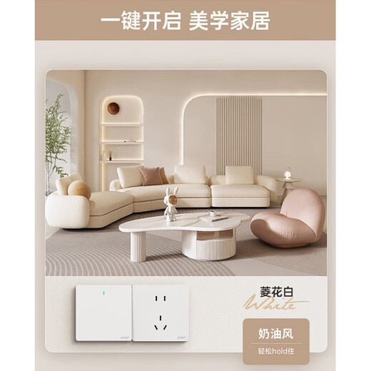 正泰（CHNT）开关插座6CE哑光磨砂大板奶油风家用86型墙壁电源插座面板 菱花白 斜五孔10A