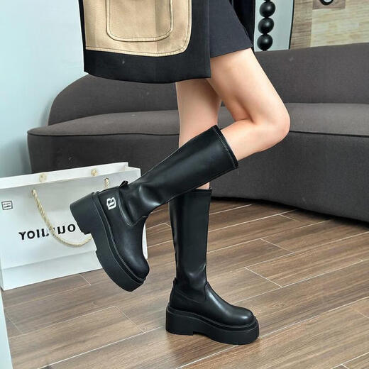Feiyao Black Long Tube Martin Boots Женские весенние и осенние рыцарские кожаные ботинки высокие каблуки Толстая подошва средняя труба Британский ветровой мотоцикл 36 Эластичные скидные ботинки высота 7 см 7 см.