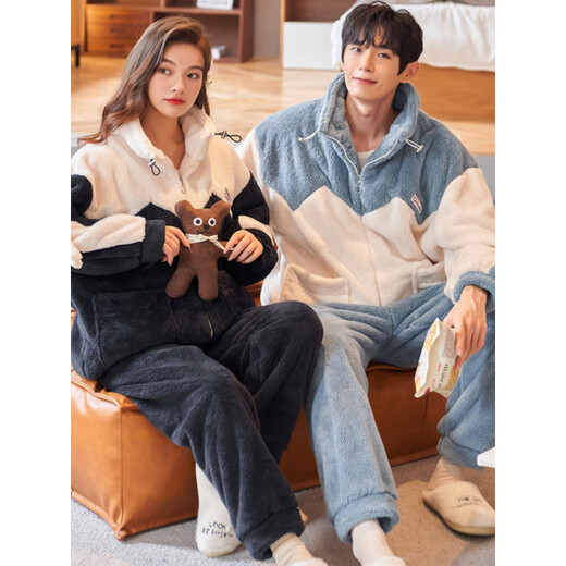 Langsha couple pajamas winter coral velvet zipper can be worn outside sports sweatshirts for men and women plus velvet thickened home clothes set Coral velvet zipper style suit-Yu 93377-78 L Female Recommended 100-125Jin Jin equals 0.5 kg
