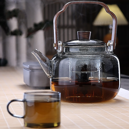 Quandu all-in-one steaming teapot black tea white teapot high temperature open flame thickened glass teapot Ginkgo leaf Xiangyun teapot smoke gray 1000ml