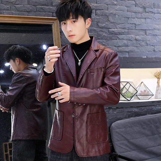 MGOLCPS men's leather jacket autumn and winter velvet thick Korean version trendy handsome suit leather jacket leather jacket motorcycle suit men's black ZW8937 non-velvet M