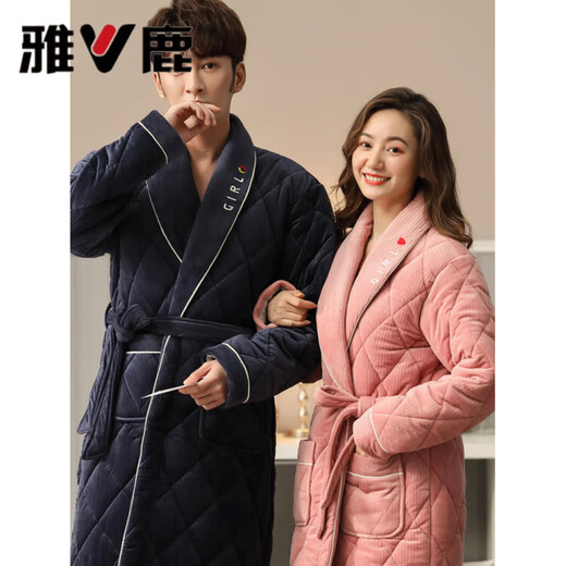 Yalujia Cotton Nightgown Women's Autumn and Winter Thickened and Velvet 2025 New Couple's Pajamas Winter Men's Coral Velvet Bathrobe 8921 Pink XL Three-Layer Long Warm