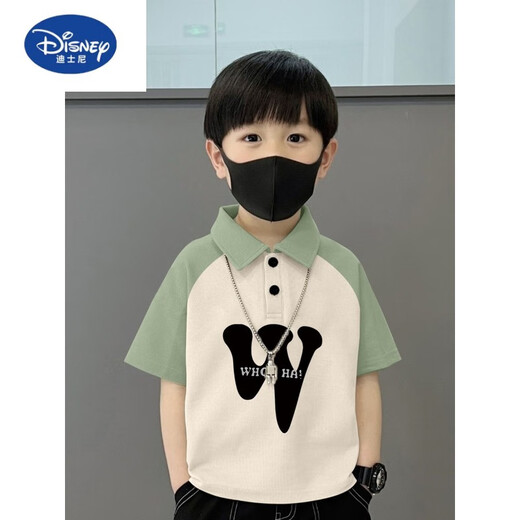 迪士尼（Disney）纯棉POLO衫短袖T恤儿童夏季新款中大童宽松拼接帅气翻领男孩上衣 674笑脸-黑绿-POLO衫纯棉品 110