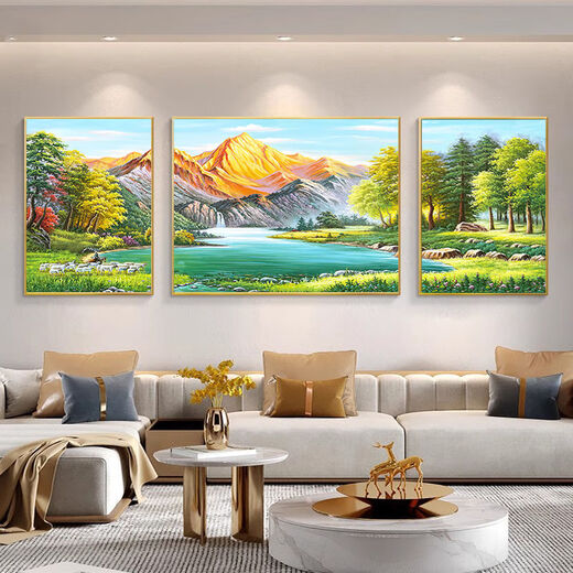 OUOETY背靠金山客厅挂画山水风景画沙发背景墙装饰画招财风水西墙三联画 12596[金色铝合金框] 中70*50两边35*50[纹理油画布面
