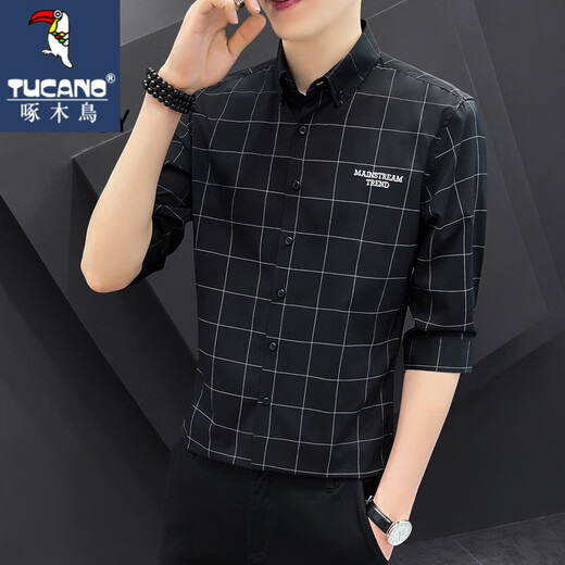 Woodpecker short-sleeved shirt men's summer new three-quarter sleeve shirt Korean style trendy mid-sleeve ice silk striped shirt top DC677 white quality ice silk style L 105-115Jin Jin equals 0.5 kg