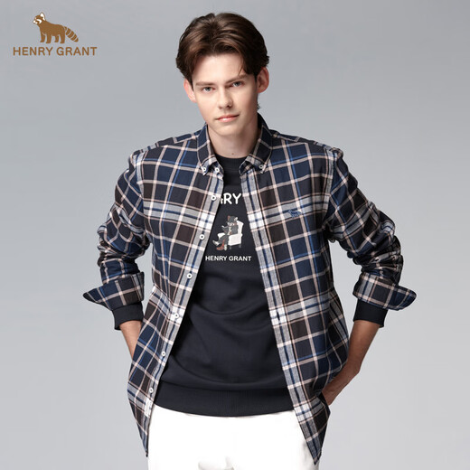 HENRY GRANT Henry Grant plaid men's long-sleeved autumn classic Korean slim-fit plaid shirt men's loose top blue (QSC244180U211) 50 (175/96A)