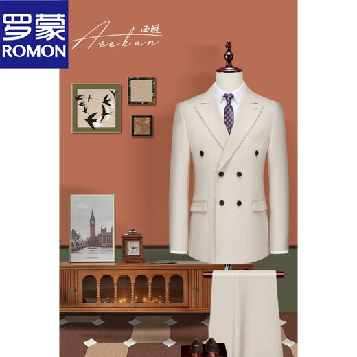 ROMON business casual formal double-breasted British style suit male groom wedding suit three-piece suit dark blue suit + trousers + vest 52/XL