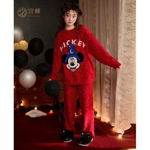 Gongdie Heat Storage Type Disney Mickey Autumn and Winter Red Couple Pajamas Women's Half Velvet Wedding Home Clothing for Men