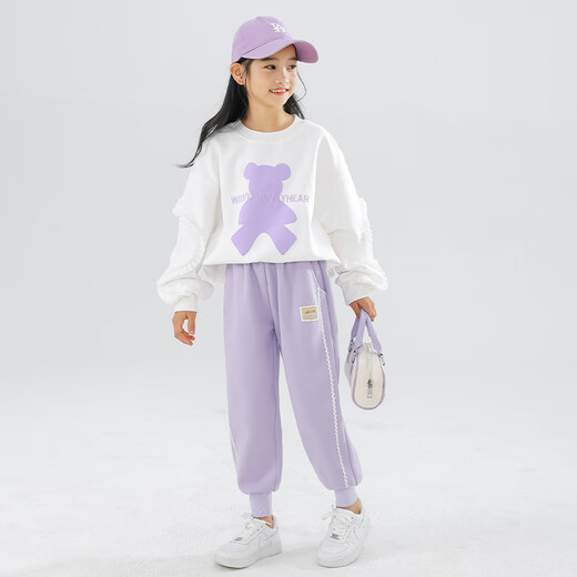 Yoyo One (Yoyo One) Girls Anzugsanzug Frühlingsanzug Neue Kinder modische Sweatshirt Girls Casual Children's Clothing Sport Frühling und Herbst 10 Jahre alt 4882 Weiß + 16187 Lila [plus Samtanzug] 150 cm