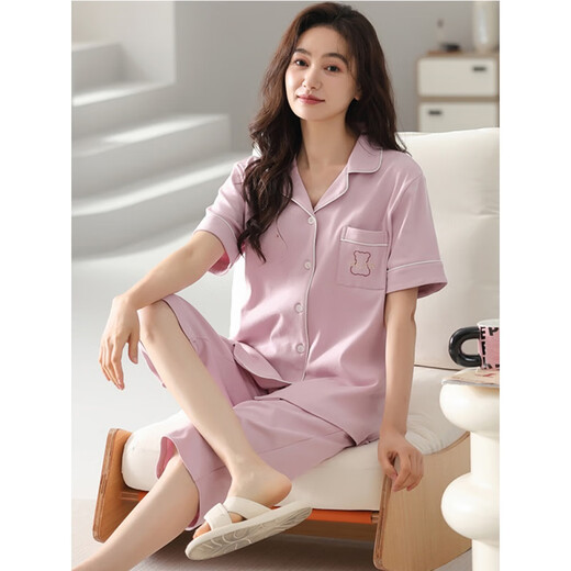 安梦影2025新款睡衣女士夏季棉短袖开衫七分裤加大码可外穿家居服套装 xf-9893 均码 m