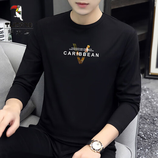 Woodpecker (TUCANO) 2025 Spring and Autumn Long Sleeve T-shirt Men's Thin Model Modal Cotton Autumn Clothes Black Trendy Printed Base Shirt Underwear Top White (15123) M (suitable for 95-115Jin [Jin equals 0.5 kg])