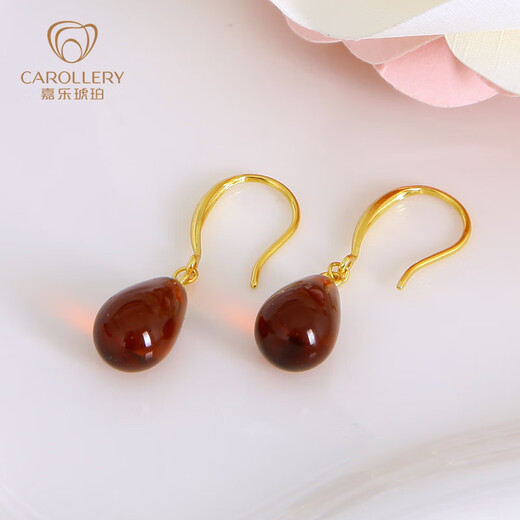Jiale blood amber earrings S925 silver gold-plated earrings amber earrings birthday gift for girlfriend, about 12mm total length 30mm/A0281