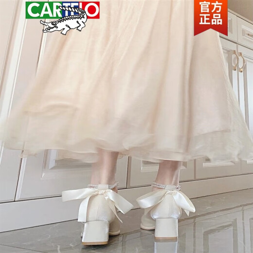 CARTELO Spring and Autumn White Mary Jane Women's Shoes French Thick Heel High Heels Fairy Style Versatile Cheongsam Wedding Shoes Bridesmaid White Main Picture Style 37