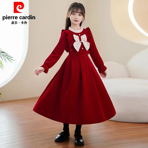Pierre Cardin girls autumn and winter dress plus velvet red princess dress 3~14 years old children's winter dress little girl winter dress burgundy (no velvet in spring and autumn) 160