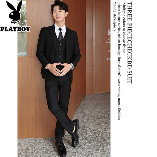 Playboy suit men Korean style slim body jacket best groom wedding business professional suit men two button black top + shirt + tie + trousers XL