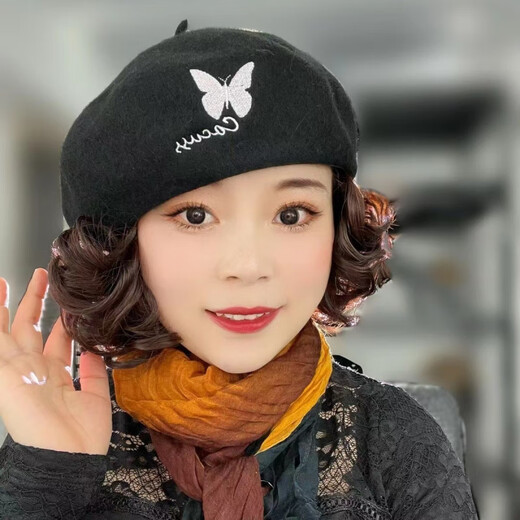 Gu Wenlun's hat with wig for middle-aged and elderly women in autumn and winter new fashion embroidered butterfly beret simulated short curly hair brick red hat (black brown hair) hair net