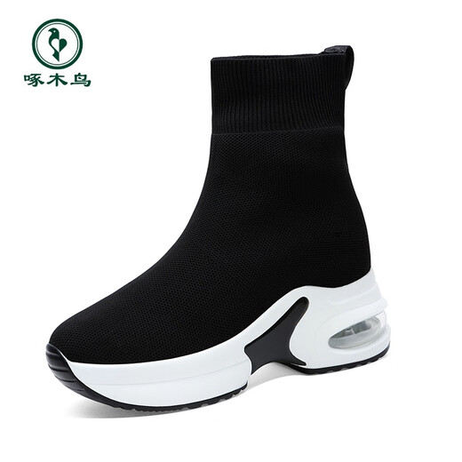 Holzspecker Innere Height-verstärkte Sockenschuhe für Frauen im Frühling und Herbst vielseitig 2025 Neues kleines, vielseitiges, dicker Soft-Sohle-High-Top-Sneaker 9759-1 Schwarz/Fleece-Stil 33