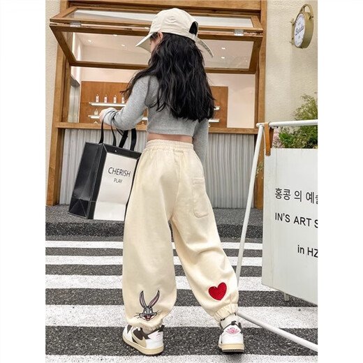 Girls' pants autumn and winter sports rabbit 2025 new children's plus velvet girls' trousers large children's tying feet trousers autumn NN-JA983 [Gray] plus velvet style 150cm