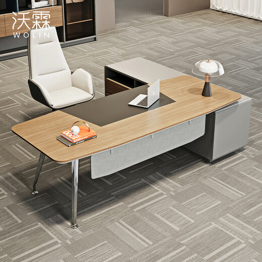 Wolin boss desk light luxury desk modern high-end manager desk president office supervisor desk and chair combination E0 plate A type 2.2 meters desk-left cabinet-eucalyptus color