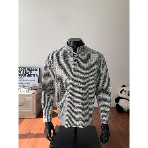 PTAT American Henry shirt long-sleeved T-shirt for men in autumn and winter plus velvet top with trendy brand texture jacquard Polo sweatshirt for men T24538 black regular M