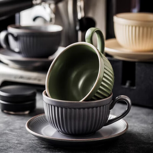 PINYU ceramic coffee cup set, latte art cup, afternoon tea cup, French cup and saucer with spoon, round vertical stripes 280ml