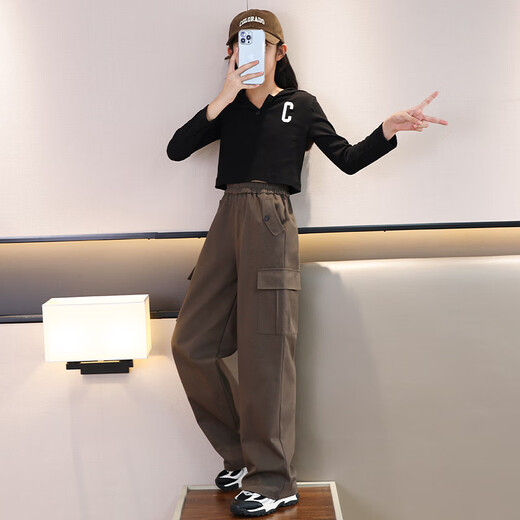 
Yoyo one (Yoyo one) Girls' labor pants spring and autumn style girls autumn suit children's straight pants sports plus velvet wide-leg pants girls 15052 brown color [pure cotton-spring and autumn style] 160cm (recommended 75-90Jin [Jin equals 0.5 kg])