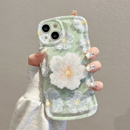 莱迹适用于油画绿花朵苹果15手机壳iPhone14/13/12promax防摔xs/XR支架链条 绿色油画花朵+A7支架+a983手链 苹果XR