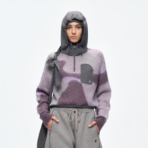 Semicircular three-color yarn interwoven women's sports 2025 winter hooded irregular jacquard texture sweater for women, twilight purple (pre-sale) M