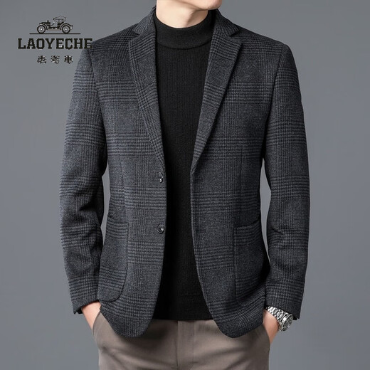 老爷车（LAOYECHE）羊毛西服男装羊毛呢西服春秋商务休闲格子西装外套中年男士男装 黑灰 170/M