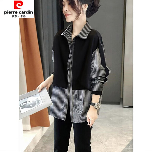 Pierre Cardin 2025 early spring new Hong Kong style fake two-piece spliced striped long-sleeved shirt for women loose and versatile polo collar top picture color XL115-125Jin Jin equals 0.5 kg