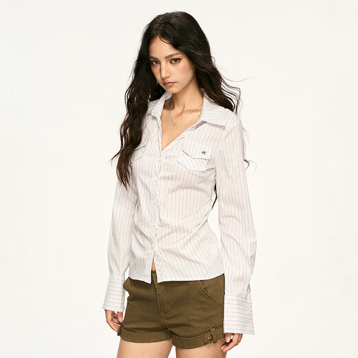 AAISUP white striped waist long-sleeved shirt for women 2025 autumn high-end temperament slim slim versatile shirt trendy white and blue strips L