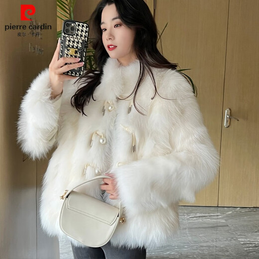 皮尔卡丹皮草外套女2024冬新款气质名媛狐狸毛短款皮毛一体水貂毛绒大衣 奶白色 M