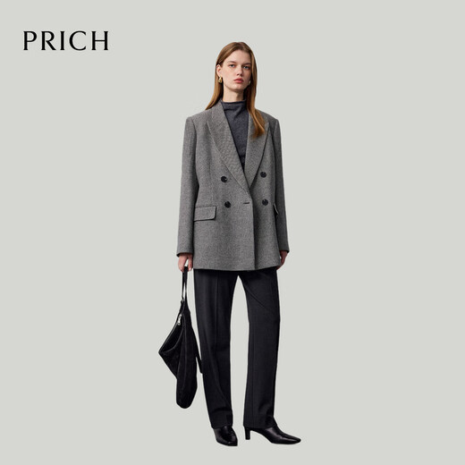 PRICH 100% sheep wool fashionable double-breasted plaid suit 2025 winter new mid-length coat new year 19 black XS 155