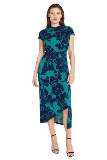 Donna Morgan Women's mid-length asymmetric hem short-sleeved dress V-neck pleated design Navy/Virdis 10