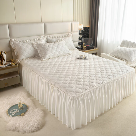 DREAM KARIN skin-friendly brushed quilted bed skirt bed cover single piece solid color dust-proof protective cover fitted sheet pad 180*200cm white