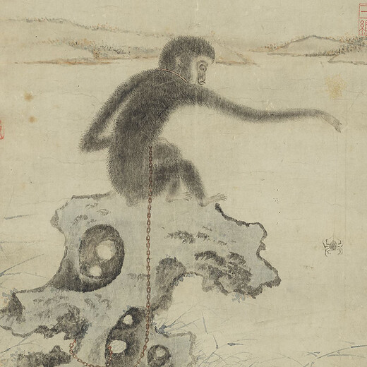 元钱选得喜图猴年封侯图生肖画卷轴文人复仿古画挂画 元李衎竹石图12809 40X95厘米（喷绘画心尺寸） 装裱