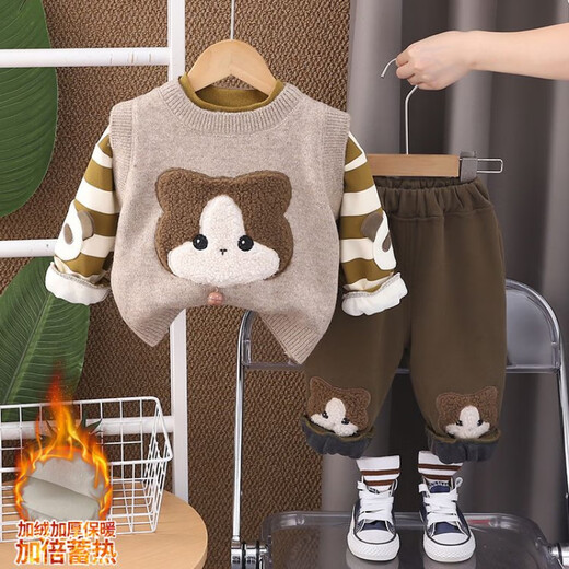 Disney Children's's Clothing Boys's's Garçons Automne et hiver Vêtements d'hiver pour enfants Des vêtements de bébé d'un an plus en velours épaissis de style collégial à trois pièces Boy Beige Rabbit Head Sweater trois pièces 100 tailles 2 à 3 ans [90-100cm]