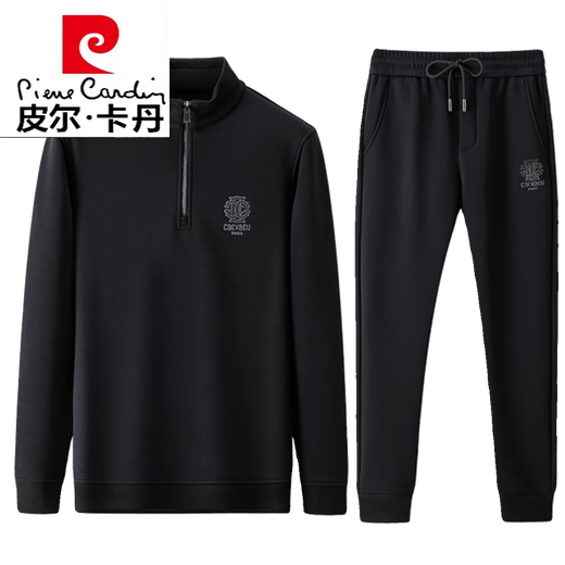 皮尔卡丹（pierre cardin）休闲运动套装男秋冬季加绒立领长袖卫衣高端两件套 3291黑色 175/XL【建议140-160斤】